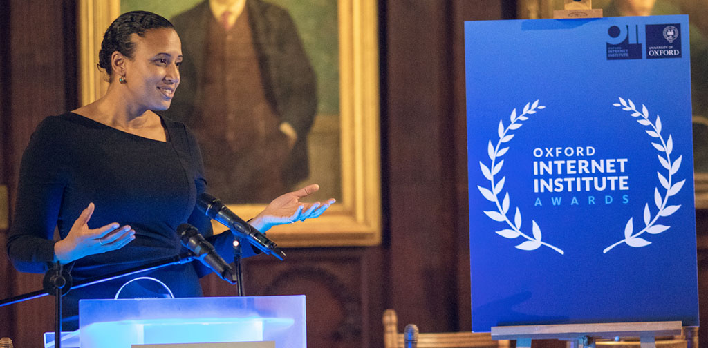 Nani Jansen Reventlow speaks at the 2018 Oxford Internet Institute Awards where she received an Internet and Society Award for her work on digital rights legislation. Photo: OII